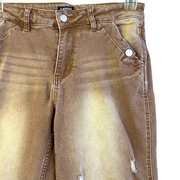 FLAMINGALS Brown Wide Leg Jeans Women’s Size Large Stretch Denim Distressed - Picture 4 of 15